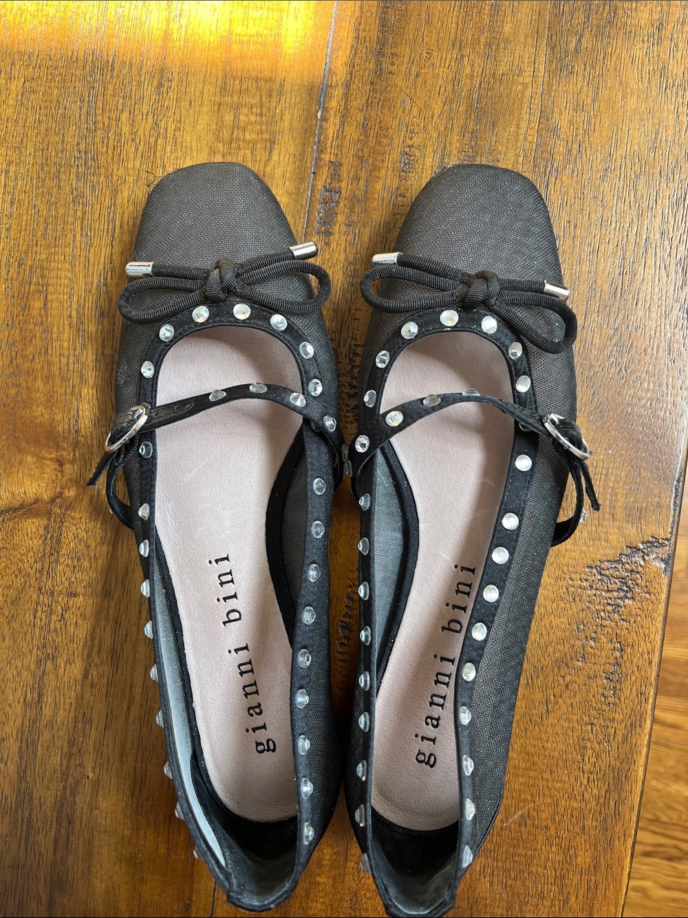 Gianni Bini Black Studded Mary Jane Flats with Bow Accent